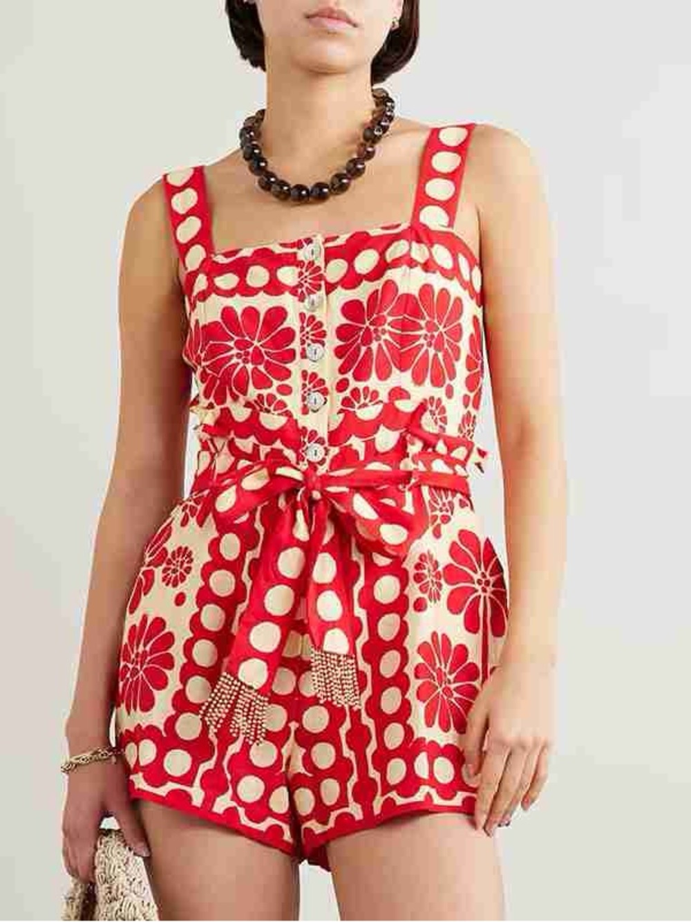 FARM Rio Red and Cream Floral Polka Dot Sleeveless Romper